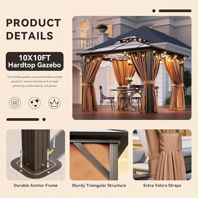 Aoxun 10'x10' Hardtop Gazebo, Outdoor Metal Gazebo - Image 8