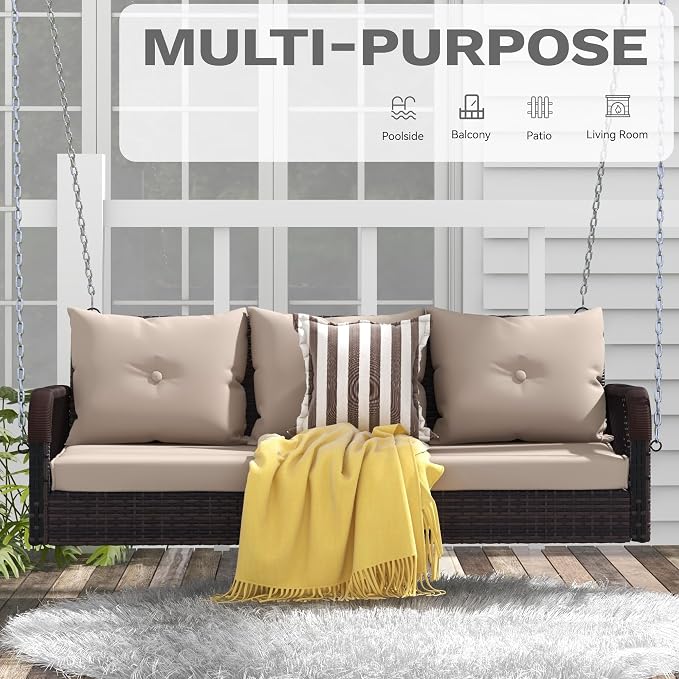 DWVO 3 Seats Porch Swing Hanging Bench Swing Outdoor Wicker Patio Swing Lounge - Image 2