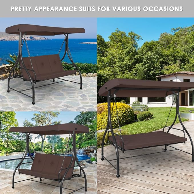 Tangkula 3 Seats Converting Patio Swing, Outdoor Porch Garden Canopy Swing - Image 7