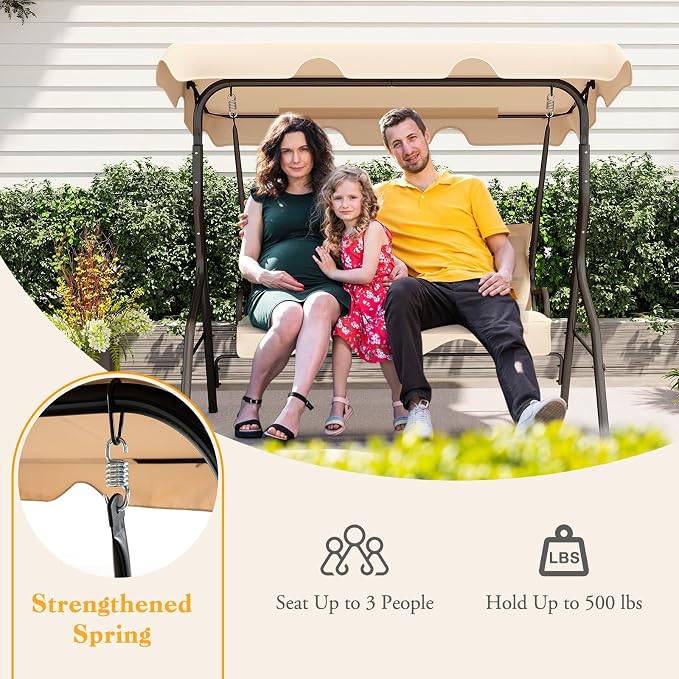 Porch Swing Outdoor, 3 Person Patio Swing w/Removable Cushion, Stand & - Image 7