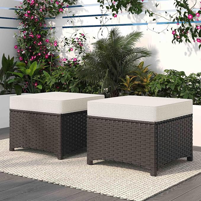 Patio Ottomans Set of 2, Outdoor 22" x 22" PE Wicker Ottoman - Image 5