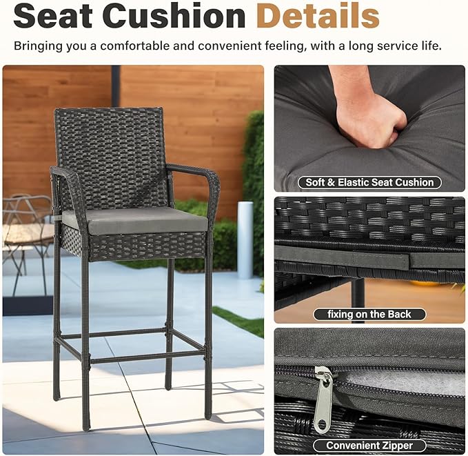 ECOTOUGE Patio Wicker Barstools Set of 4, Rattan Outdoor Bar Height Chairs - Image 5