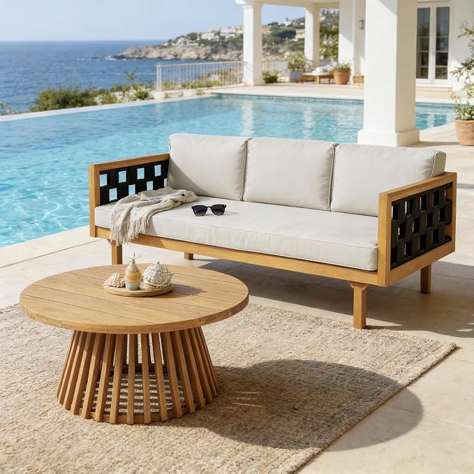 Merax 2 Piece Acacia Wood Outdoor Conversation Set, 3-Seater Outdoor Daybed Sofa by Merax