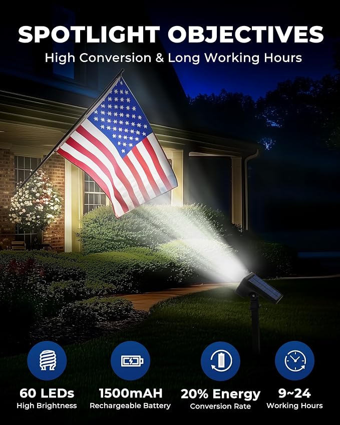 HGGH Solar Lights Outdoor Waterproof IP67, 60 LED 3 Lighting Modes Solar Spot - Image 3