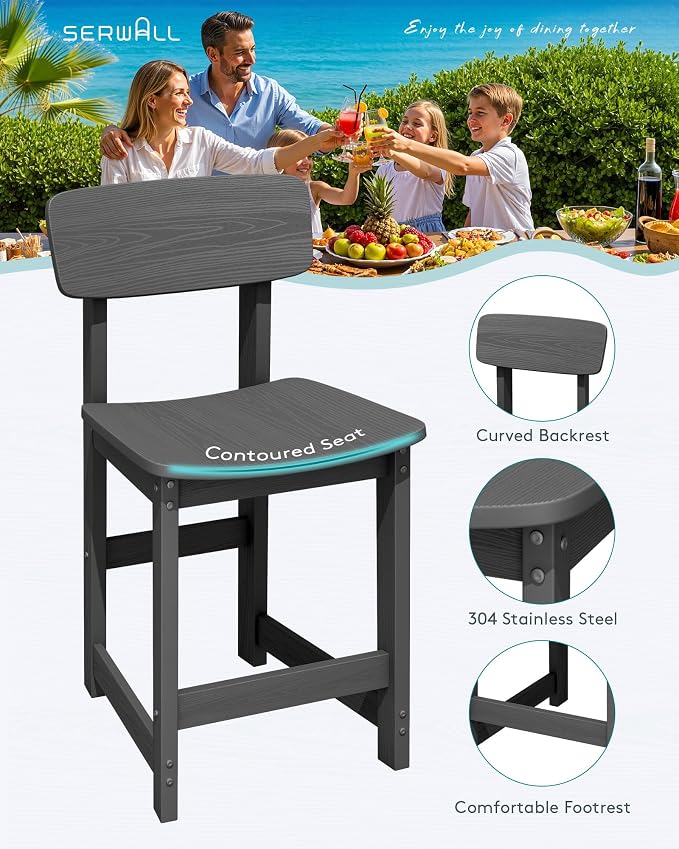 SERWALL Outdoor Bar Stools Set of 2, All Weather HDPE 25" Counter Height Bar - Image 4