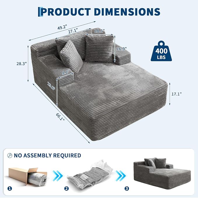 Garvee 50" Oversized Chaise Lounge Indoor Boneless Couch - Image 2