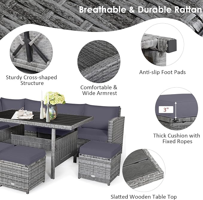 Tangkula 7 Pieces Patio Furniture Set, Outdoor Sectional Rattan Dining Sofa Set - Image 6