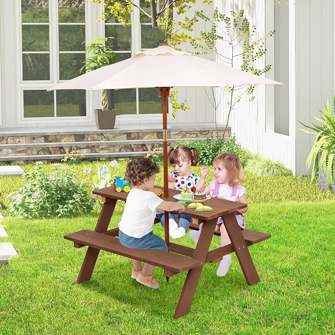 HONEY JOY Kids Picnic Table, Outdoor Wooden Bench Set w/Removable Umbrella - Image 8