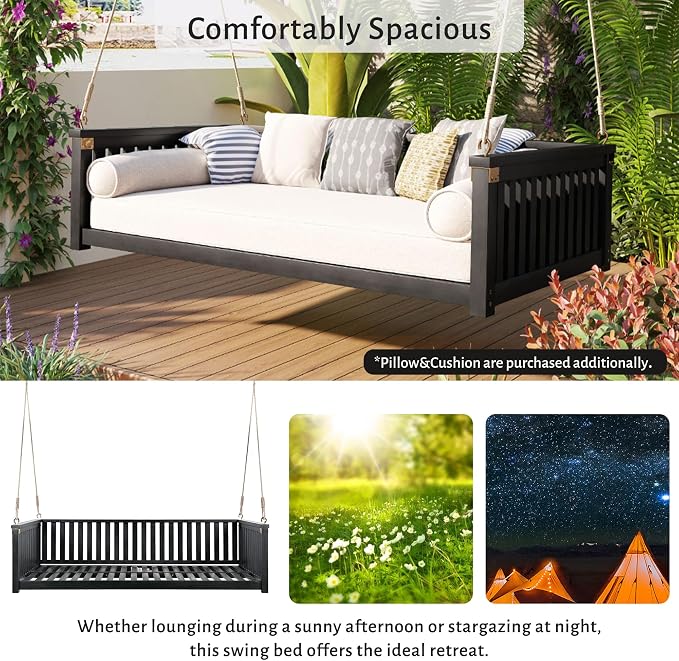 Patio Twin Size Garden Swing Daybed, Acacia Wood Porch Swing - Image 3