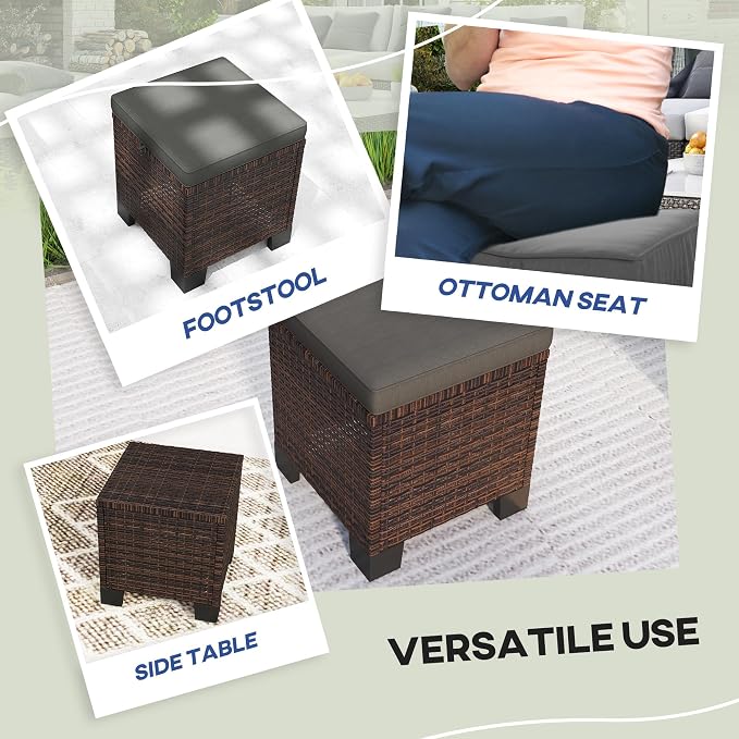 Outsunny 2 Pieces Outdoor Patio Ottomans, All Weather Wicker Outdoor Footstools - Image 7
