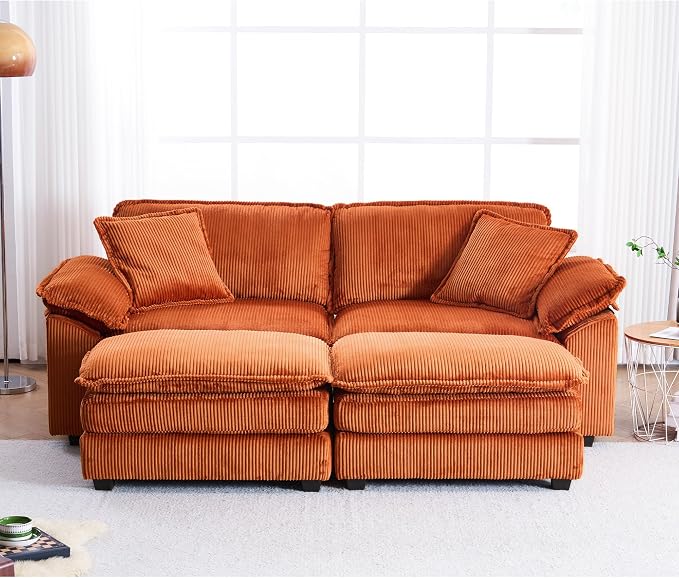 84.6” Corduroy Loveseat with Ottoman, Oversized Double Chaise Lounge Chair - Image 2