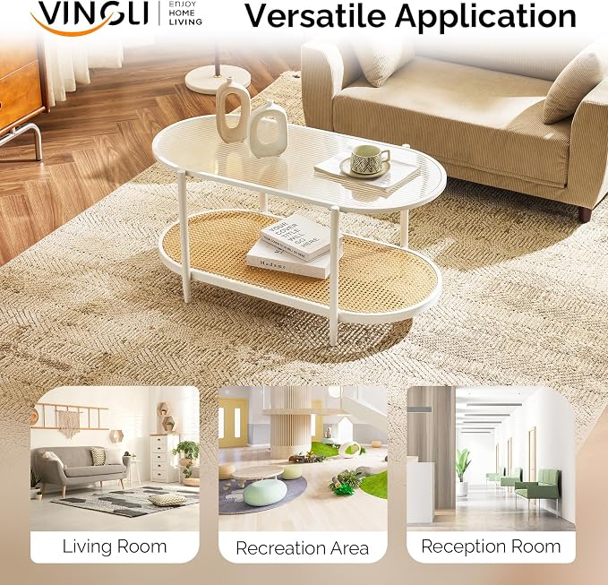VINGLI 38" Rattan Oval Coffee Table, Glass Metal Center Table, Modern Coffee - Image 7