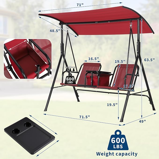 Porch Swing with Cup Holders & Pivot Storage Table & Cooler Bag with Adjustable - Image 6