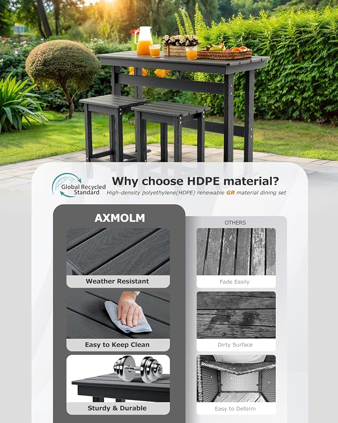 3 Piece HDPE Outdoor Bar Height Table and Chairs Set of 2 Includes High Top - Image 4