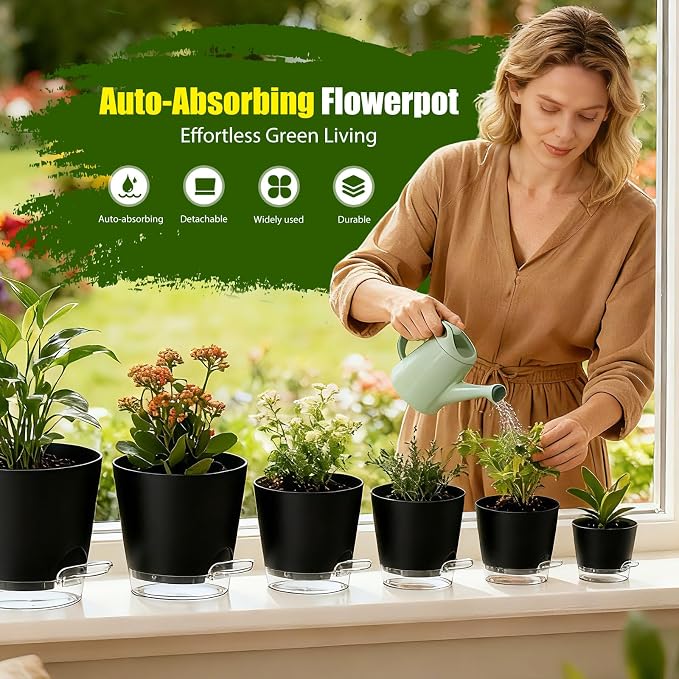 Plant Pots 4/5/5.5/6/6.5/7/8 Inch Self Watering Pots, 7 Pack Plastic Planters - Image 2