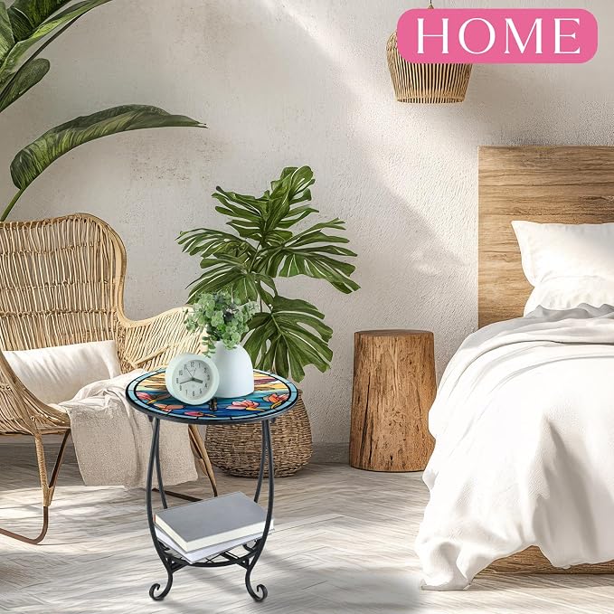 Outdoor Side Table Round Small Mosaic Patio Accent Indoor End Plant Coffee Tea - Image 4