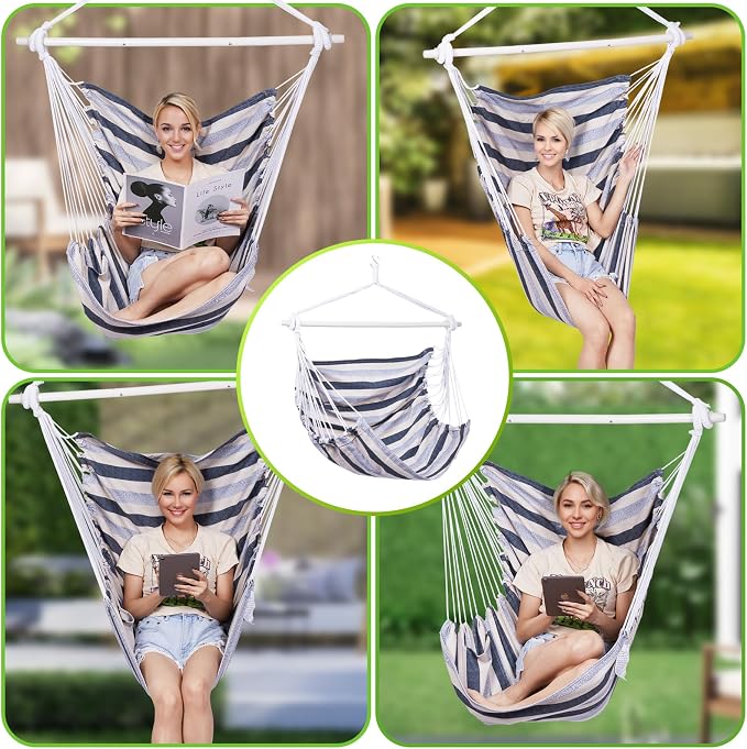 Backyard Expressions Striped Hammock Chair Hanging Rope Swing Chair, Anti Slip - Image 4