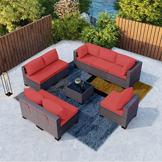 Kullavik 9 Pieces Outdoor Patio Furniture Set, Outdoor Sectional Rattan Sofa - Image 8