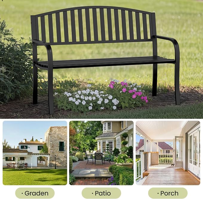 50" Outdoor Bench, Heavy-Duty Metal Frame Graden Bench, Weatherproof Patio Park - Image 6