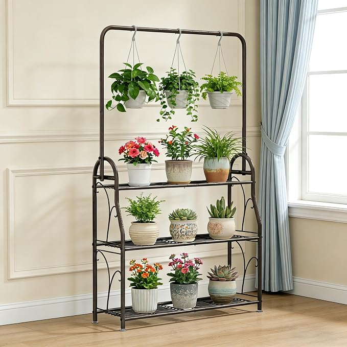SORCEDAS Plant Stand Indoor Outdoor 3 Tier Tall Corner Hanging Shelf Metal - Image 2