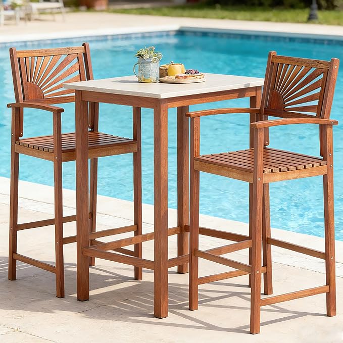 COSTWAY Outdoor Bar Chairs Set of 2, Armrest and Footrest, Patio High Top Chairs - Image 3