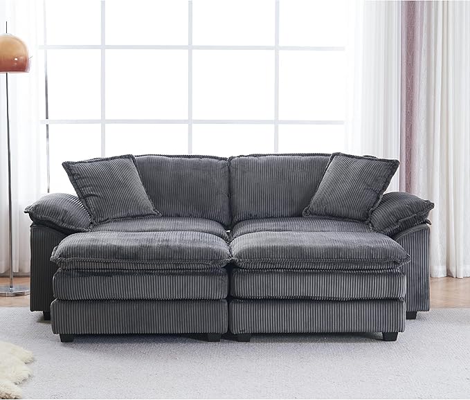 84.6” Corduroy Loveseat with Ottoman, Oversized Double Chaise Lounge Chair - Image 2