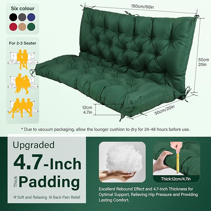 Waterproof Porch Swing Cushions 60 Inch, 2 3-Seater Replacement - Image 5