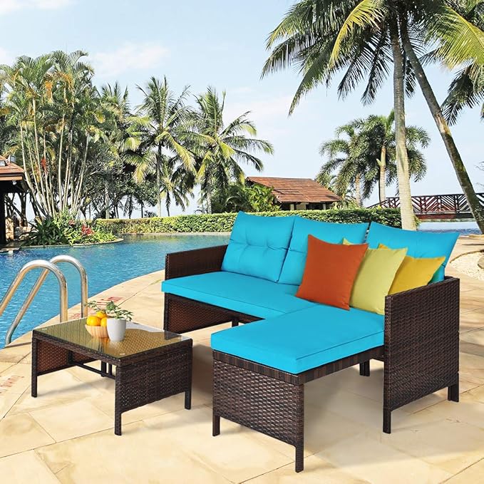 Tangkula Patio Corner Sofa Set 3 Piece, Outdoor Rattan Sofa Set, Includes - Image 3