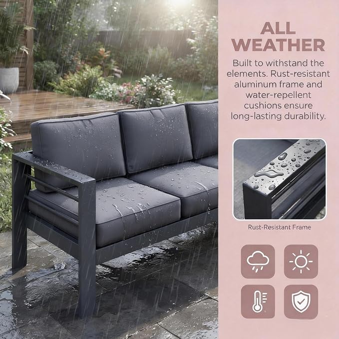 Kiss the Water Outdoor Couch Aluminum Patio Furniture Sofa, 3 Seat All-Weather - Image 7