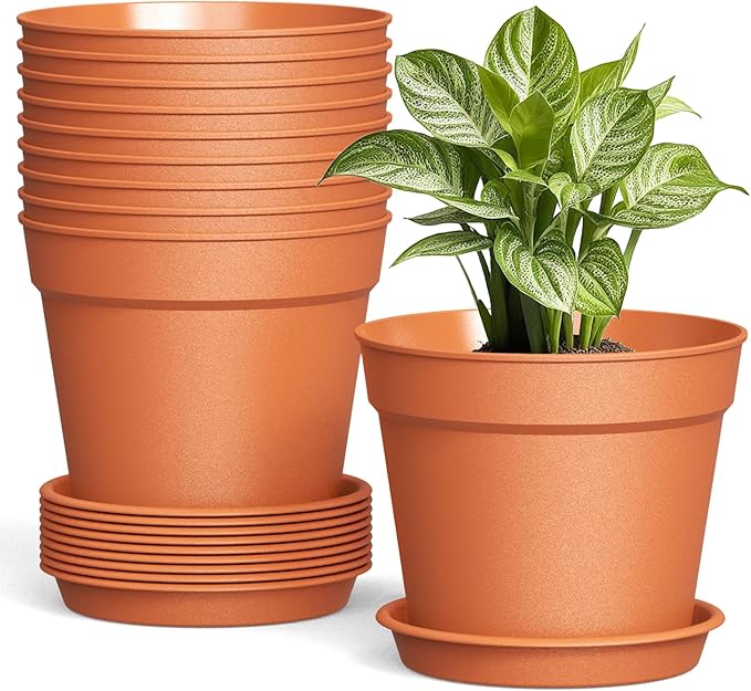 10 Pack 6 Inch Plant Pots with Drainage and Saucers, Plastic Flower Pots by SwinDuck
