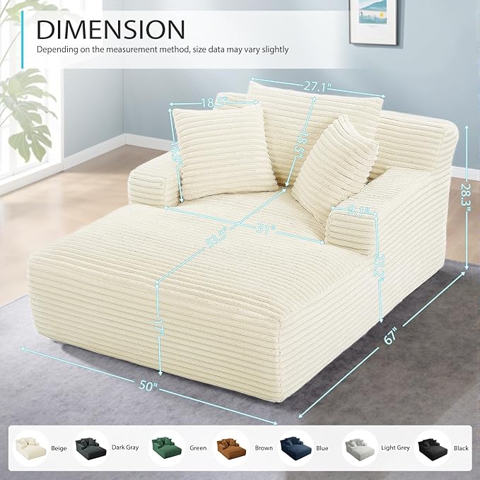 67 Inch Chaise Lounge Chair Indoor, Oversized Corduroy Upholstered Boneless - Image 2