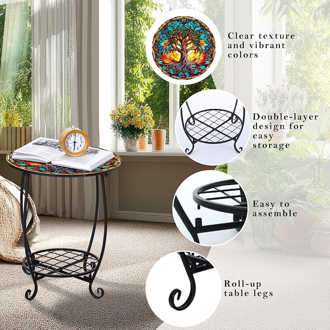 Outdoor Side Table Round Small Mosaic Patio Accent Indoor End Plant Coffee Tea - Image 4