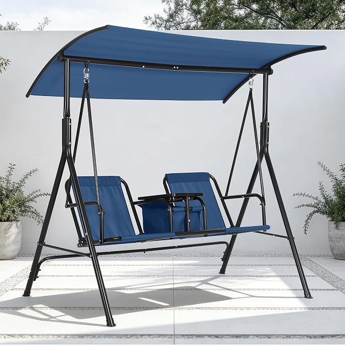2-Person Porch Swing with Cup Holders, Pivot Storage Table & Cooler Bag by Unknown