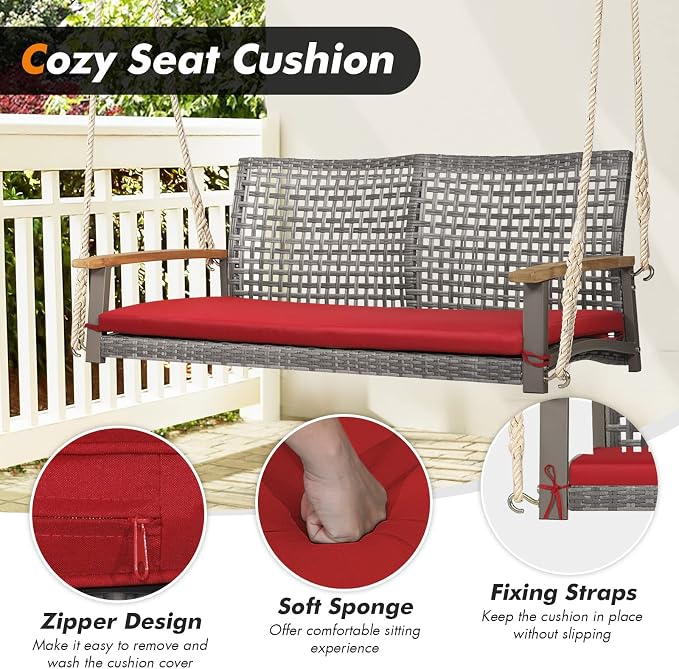 Happygrill 2-Person Patio Porch Swing Chair, Outdoor Rattan Swing Bench - Image 6