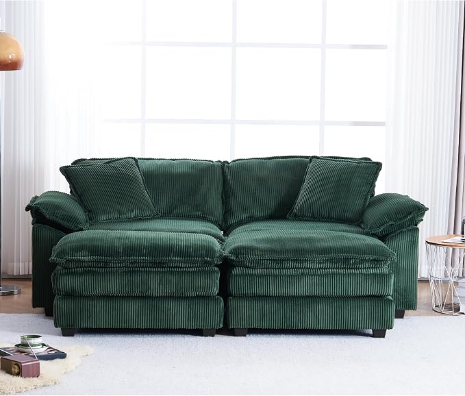 84.6” Corduroy Loveseat with Ottoman, Oversized Double Chaise Lounge Chair - Image 2