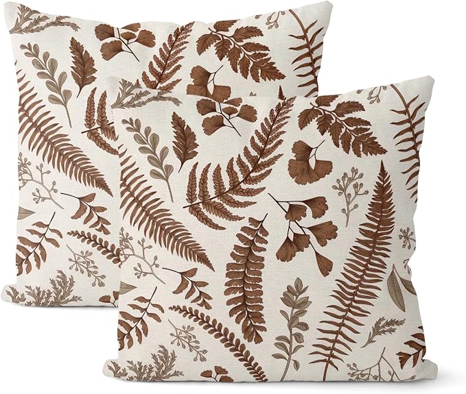 Brown Spring Pillow Covers 18x18 Inch 2 Pcs Vintage Leaf Plant Decor Throw by DAFENA