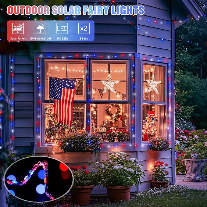 JMEXSUSS 2 Pack Red White and Blue Solar Lights, Each 100 LED 33FT Solar Fairy - Image 2