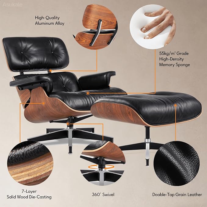 Top Black Grain Leather, Mid Century Chaise Lounge Chair and Ottoman, Leather - Image 6