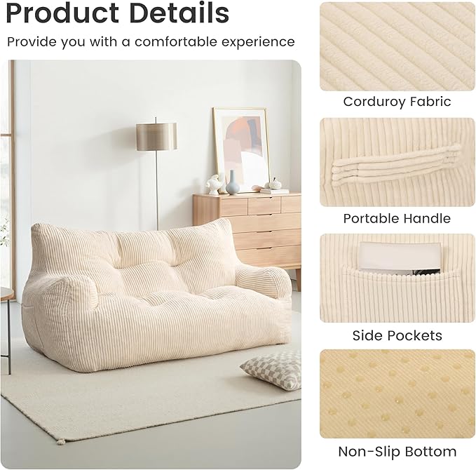 Pamapic 59" Bean Bag Chair, 2 Seat Loveseat Sofa, Ultra Soft Dutch Velvet - Image 4