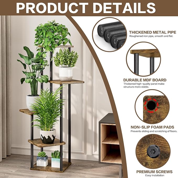 5 Tier Plant Stand Indoor, Thickened Metal Wood Corner Plant Shelf Stands - Image 3