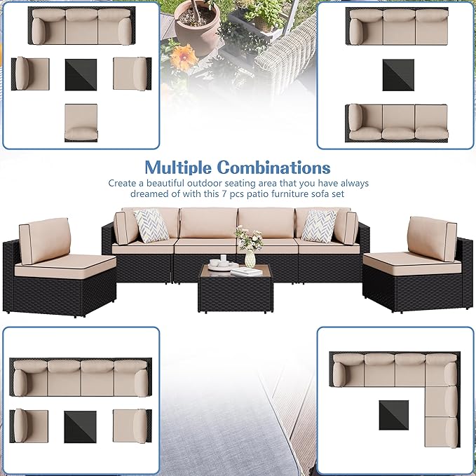 Shintenchi 7 Pieces Outdoor Patio Sectional Sofa Couch, Wicker Furniture - Image 6