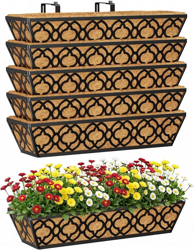 Y&M 24 Inch Window Deck with Coco Liner, Fence Metal Hanging Flower Planter by YM