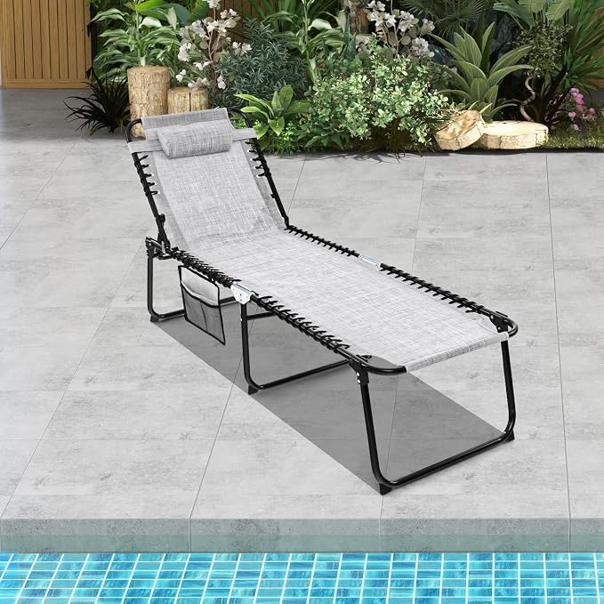 GYMAX Lounge Chairs for Outside, Extra High Folding Beach Tanning Lounger - Image 9