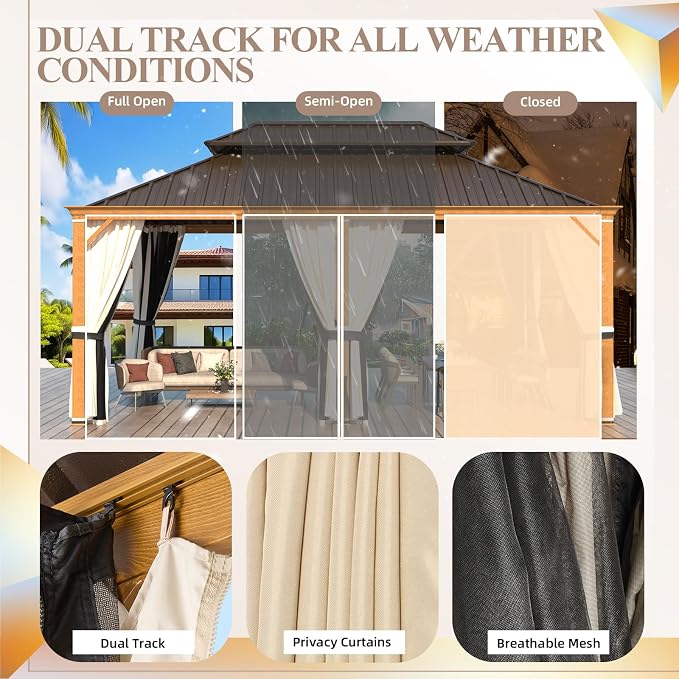 YOLENY 12' x 18' Hardtop Gazebo, Wood Grain Aluminum Frame Outdoor Gazebo - Image 5