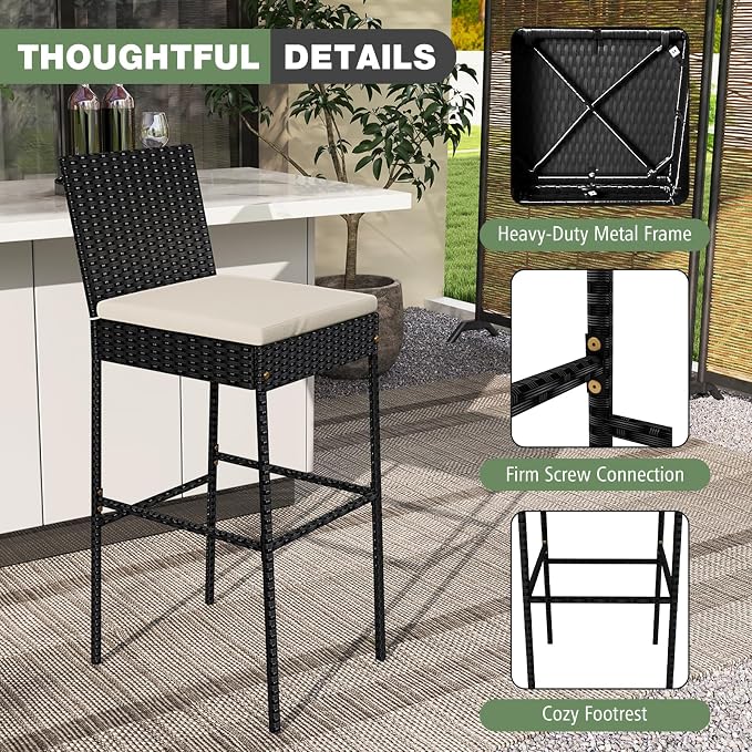 COSTWAY Outdoor Wicker Bar Stools Set of 2, Footrest and Backrest, Rattan - Image 6