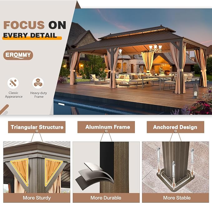 EROMMY 12'x24' Hardtop Gazebo Double Roof Galvanized Steel Canopy Outdoor - Image 7