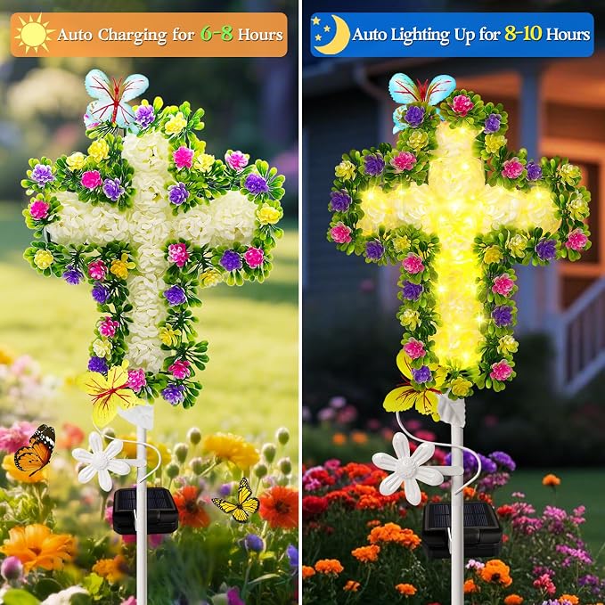 2 Pack Solar Flower Cross for Cemetery Grave, Grave Decorations for Cemetery - Image 2