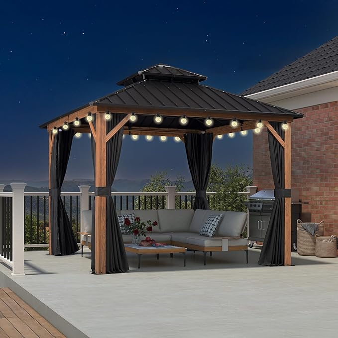 PURPLE LEAF 10' X 10' Hardtop Gazebo Outdoor Wood Grain Aluminum Frame by PURPLELEAF