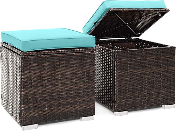 Tangkula 2 Pieces Patio Ottomans, Patiojoy Hand-Woven PE Rattan Side Table by TANGKULA