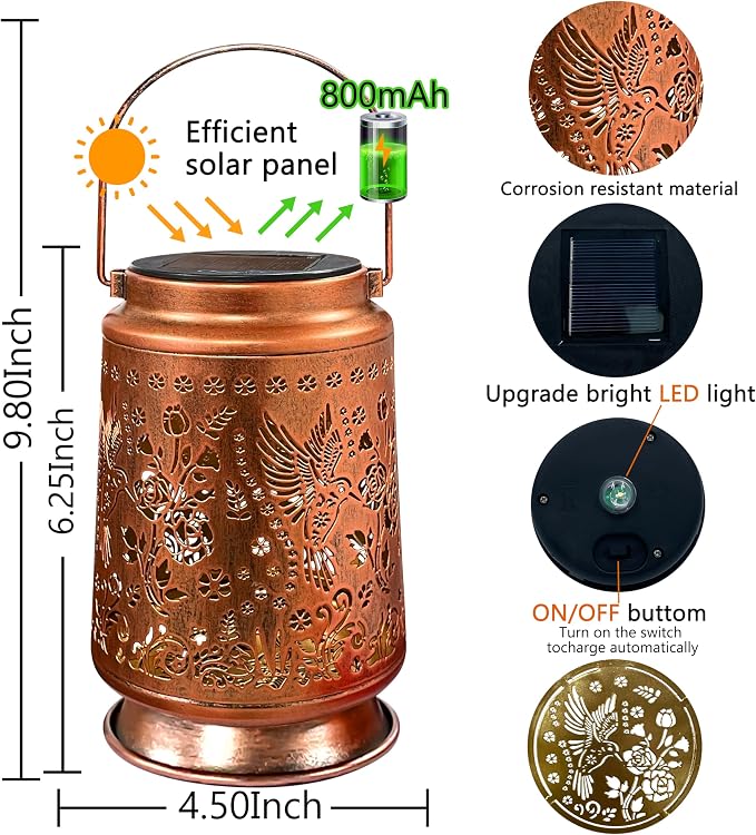 KY&BOSAM Solar Hummingbird Lanterns Outdoor Waterproof, LED 300 Lumens Metal - Image 5